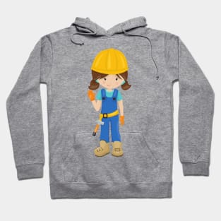 Construction Girl, Brown Hair, Cute Girl, Hammer Hoodie